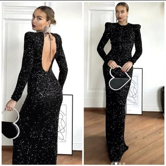 Zara  SEQUIN MAXI DRESS GOWN BLACK SIZE XS - Picture 2 of 16